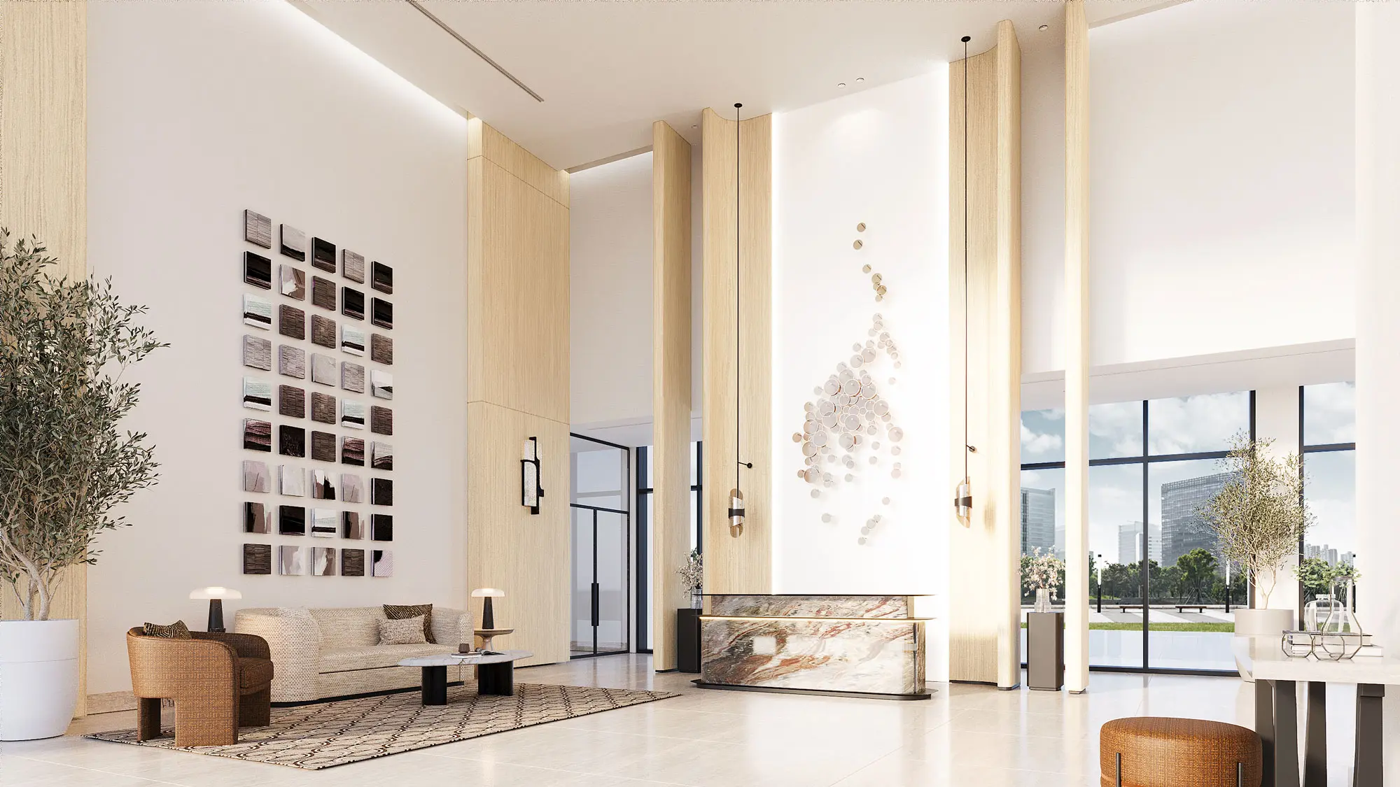Arrival lounge with a gallery-hung wall, a long sofa and a stone-clad fireplace