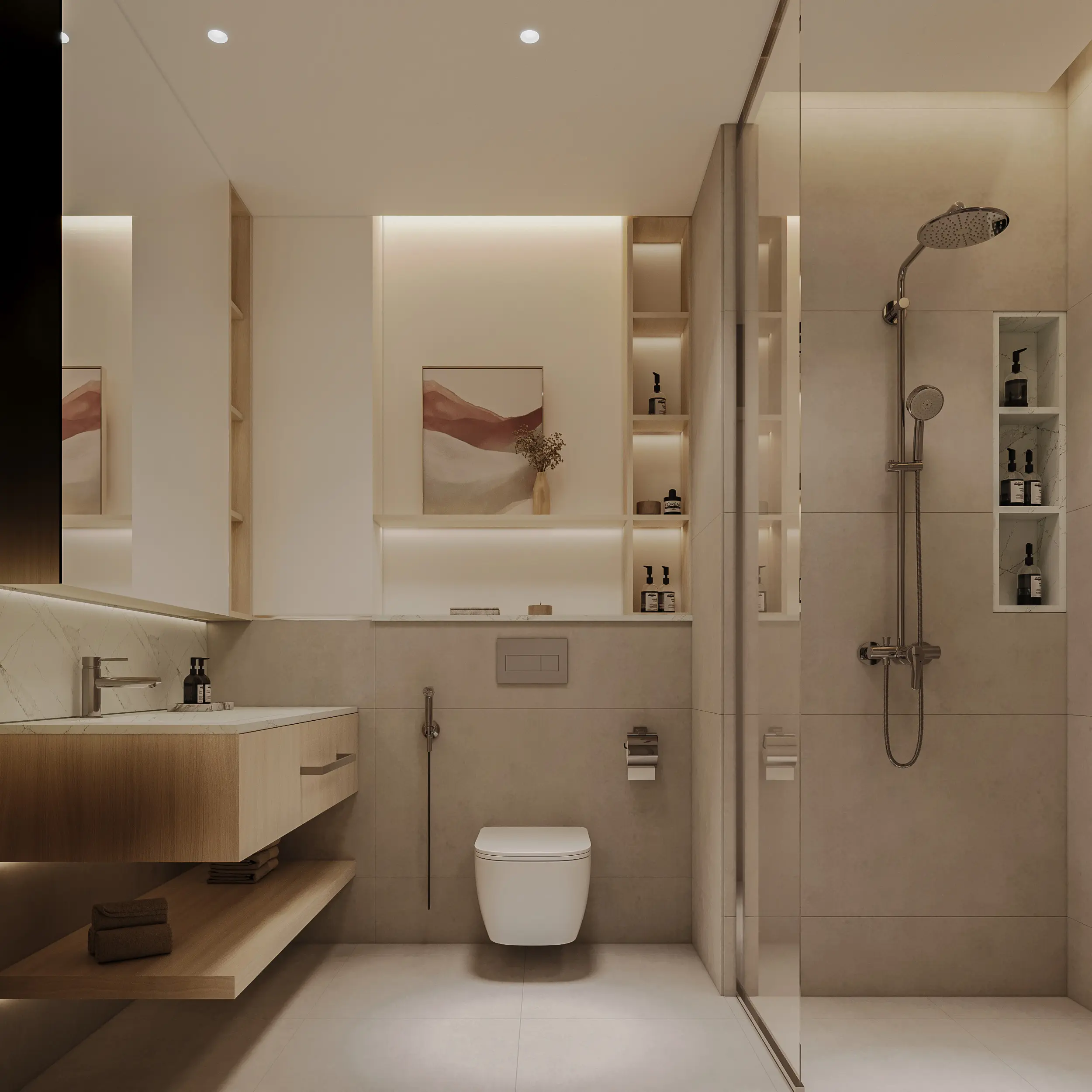 Guest bathroom with a floating oak vanity, recessed shelving and a glazed shower