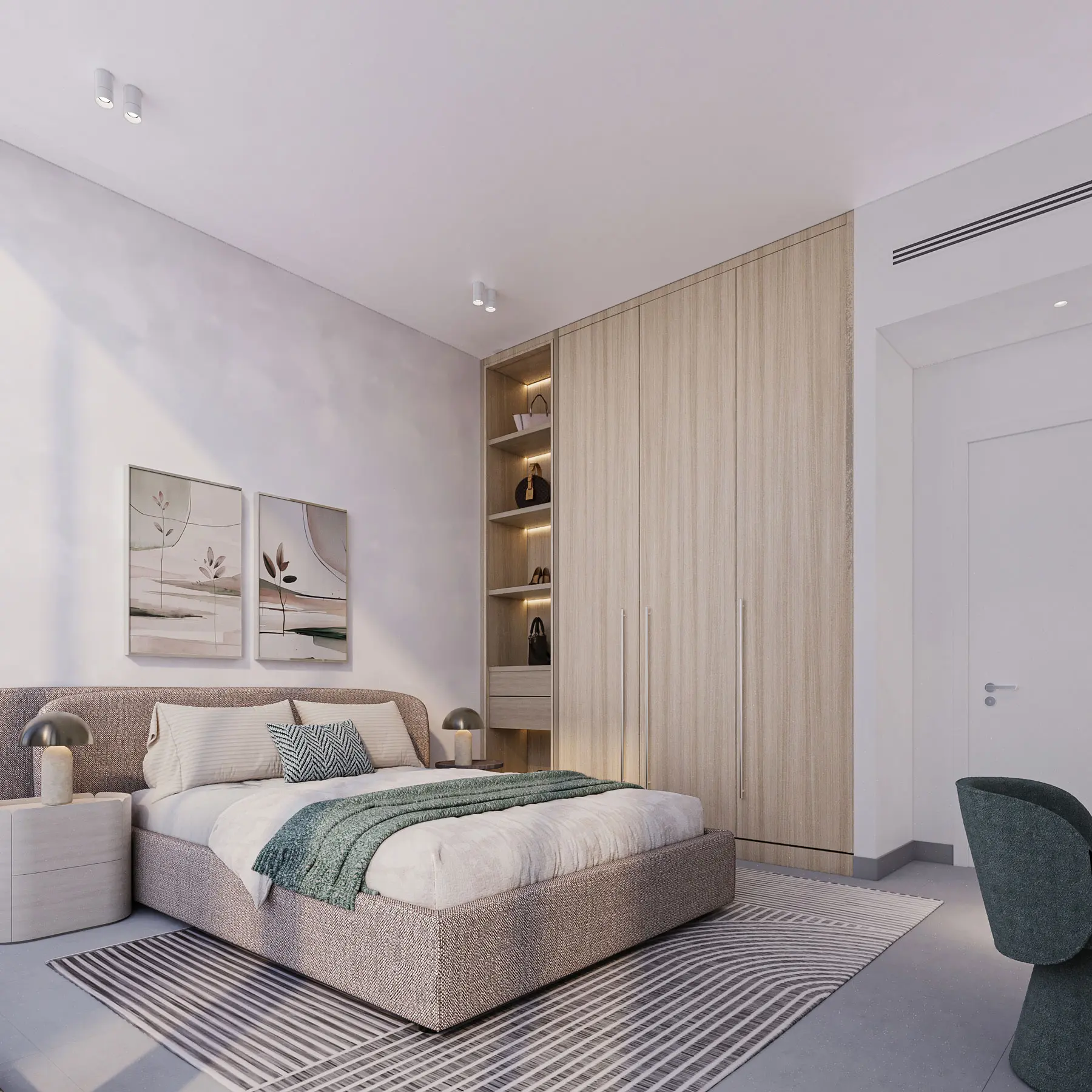 Second bedroom with built-in oak wardrobes, a study nook and soft daylight
