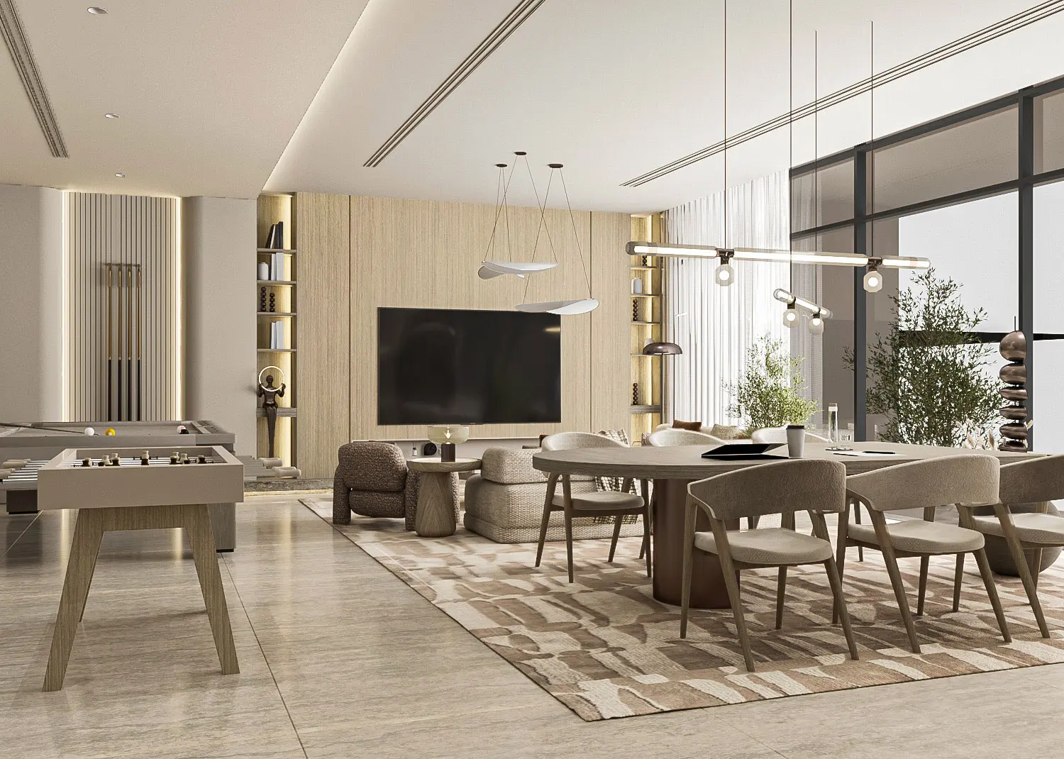 Club lounge games and dining zone with pool table, long table and open shelving