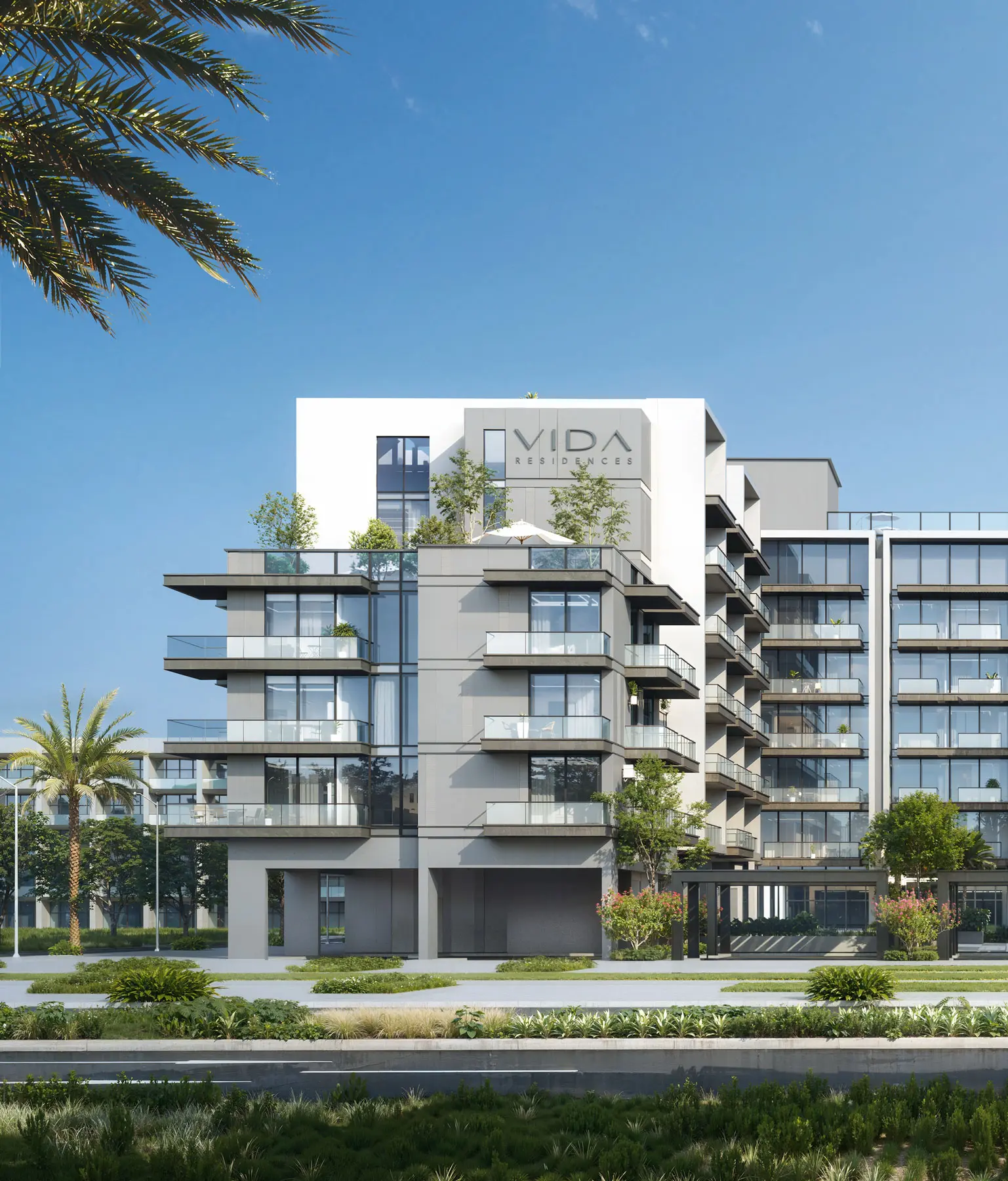 Vida Residences facade in daylight with stepped balconies and planted terraces — brand architecture, indicative for Al Reem Island, Abu Dhabi; not a render of the building
