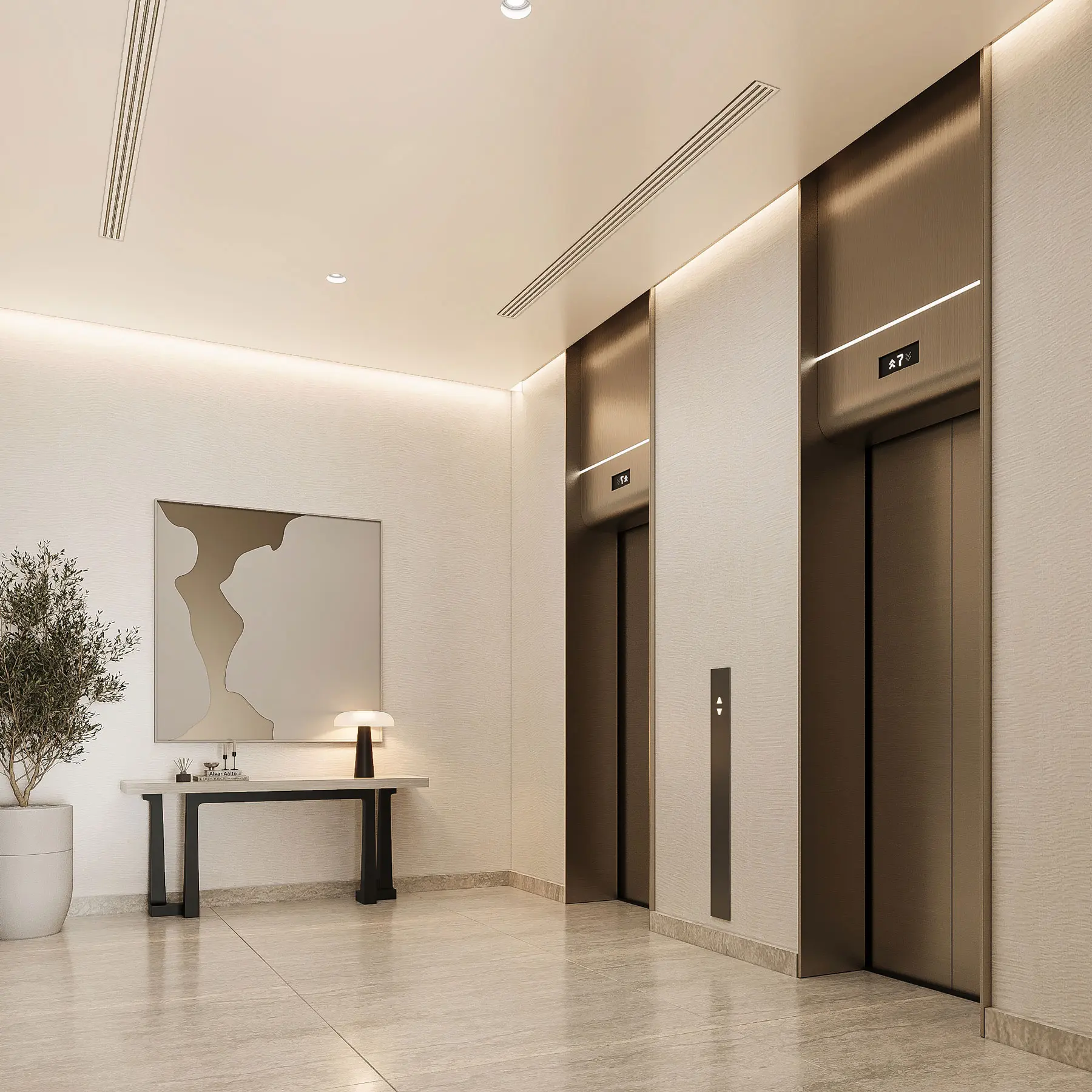 Ground-floor lift lobby with bronze doors, a console table and a framed artwork