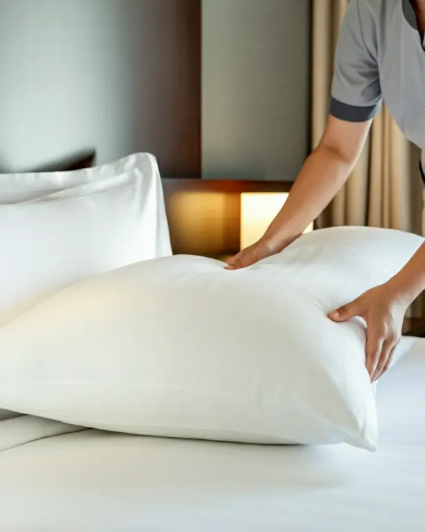 Housekeeping finishing a bed with fresh white linen