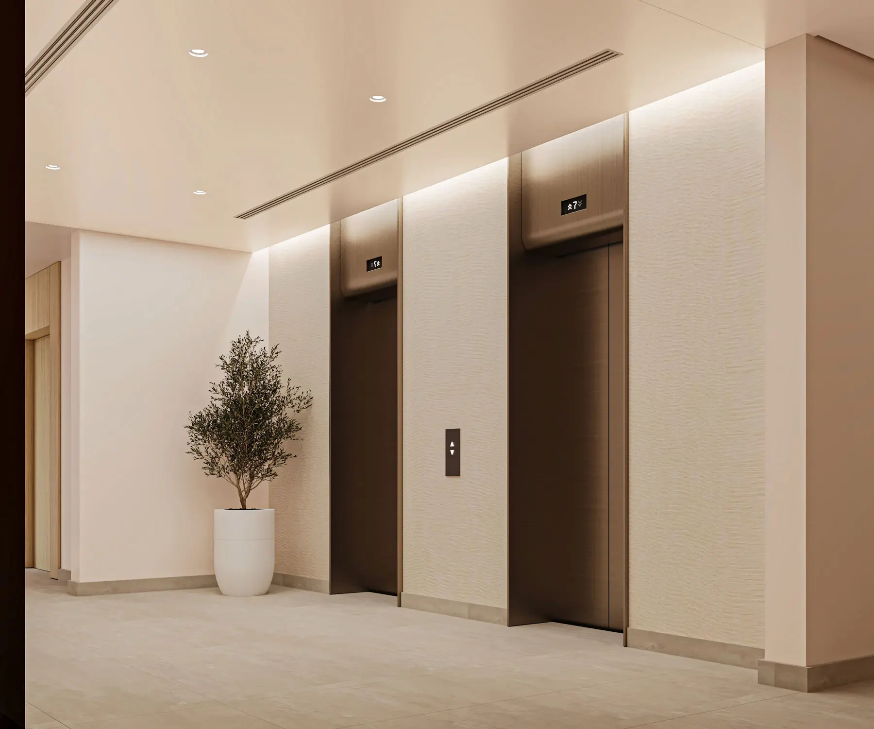 Typical floor lift lobby with warm plaster walls and a planted urn
