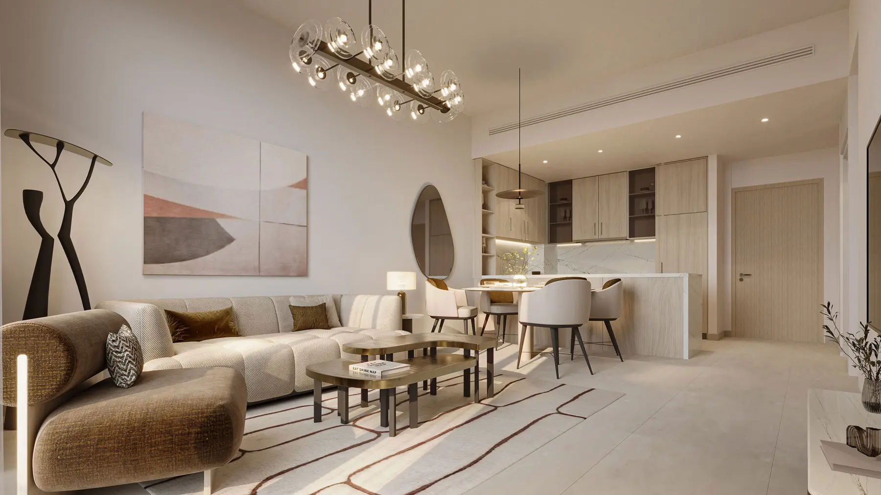 Living and dining room in warm neutrals with a curved sofa, open kitchen and full-height glazing