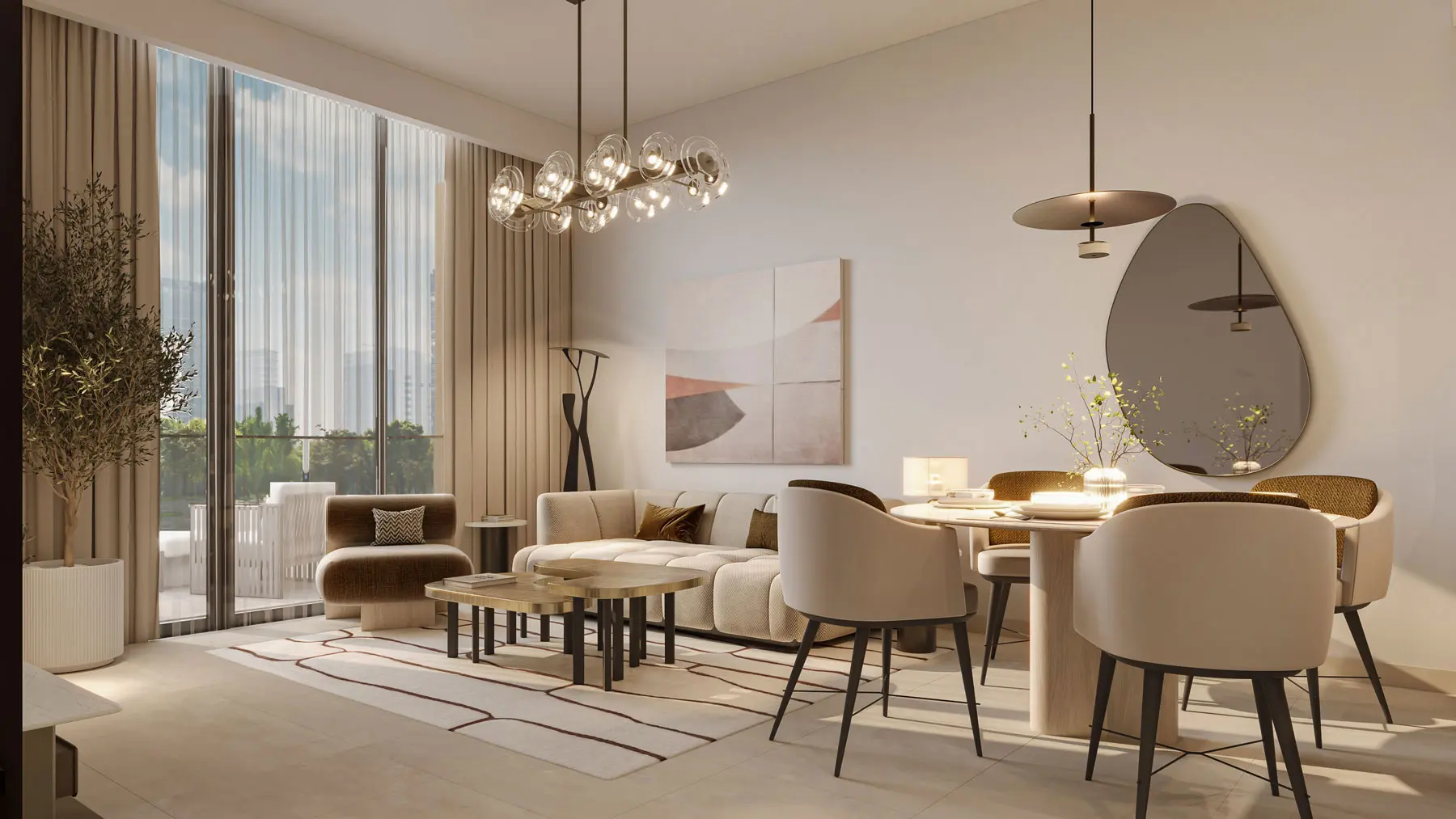 Dining area with a round table, sculptural pendant lighting and a terrace beyond the glazing