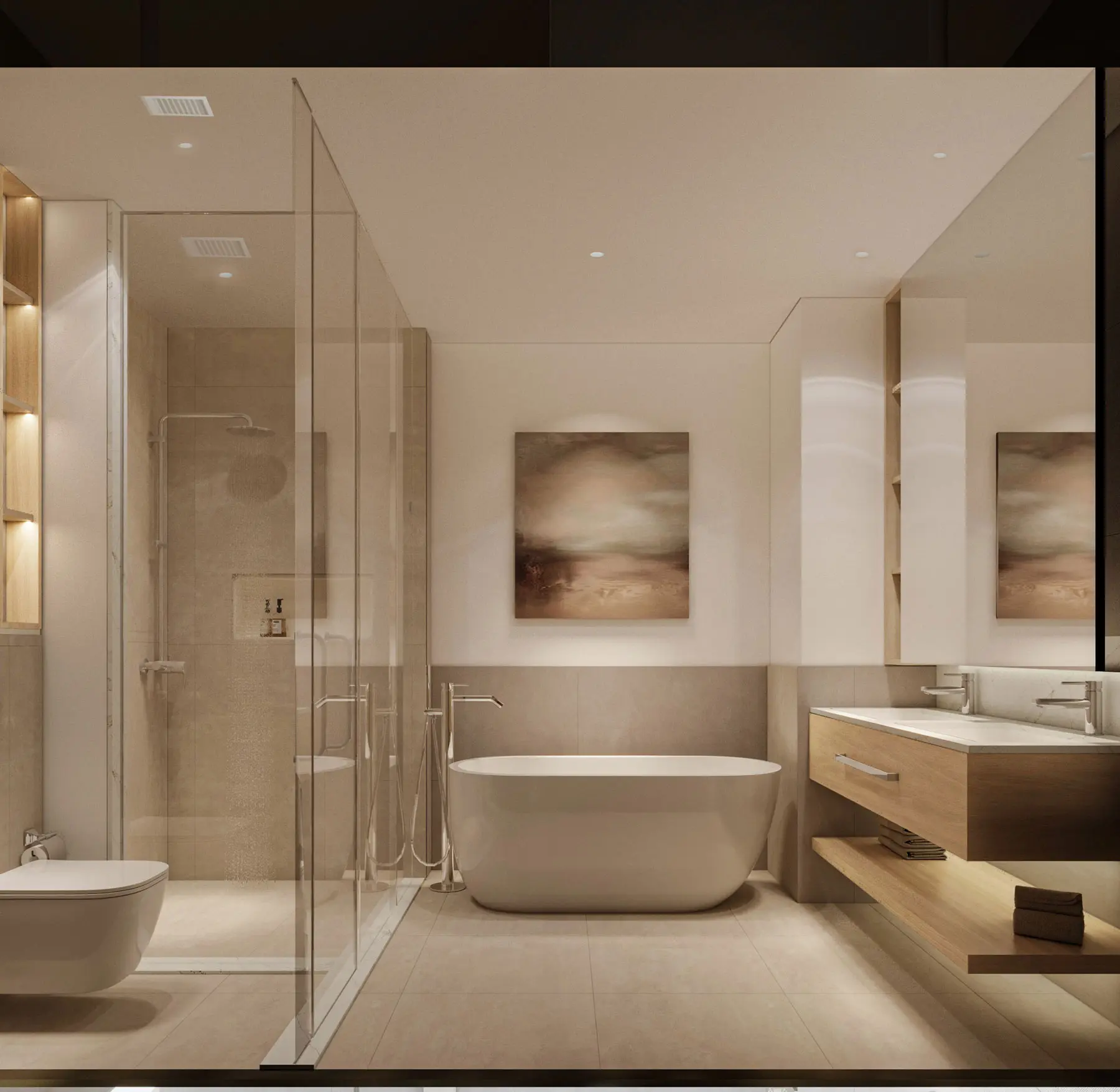 Master bathroom with freestanding tub, walk-in shower and full-height stone finishes