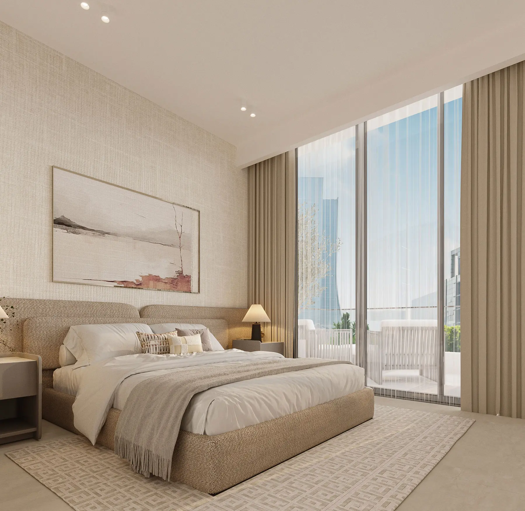 Master bedroom with textured headboard wall, layered linens and a floor-to-ceiling window onto the city