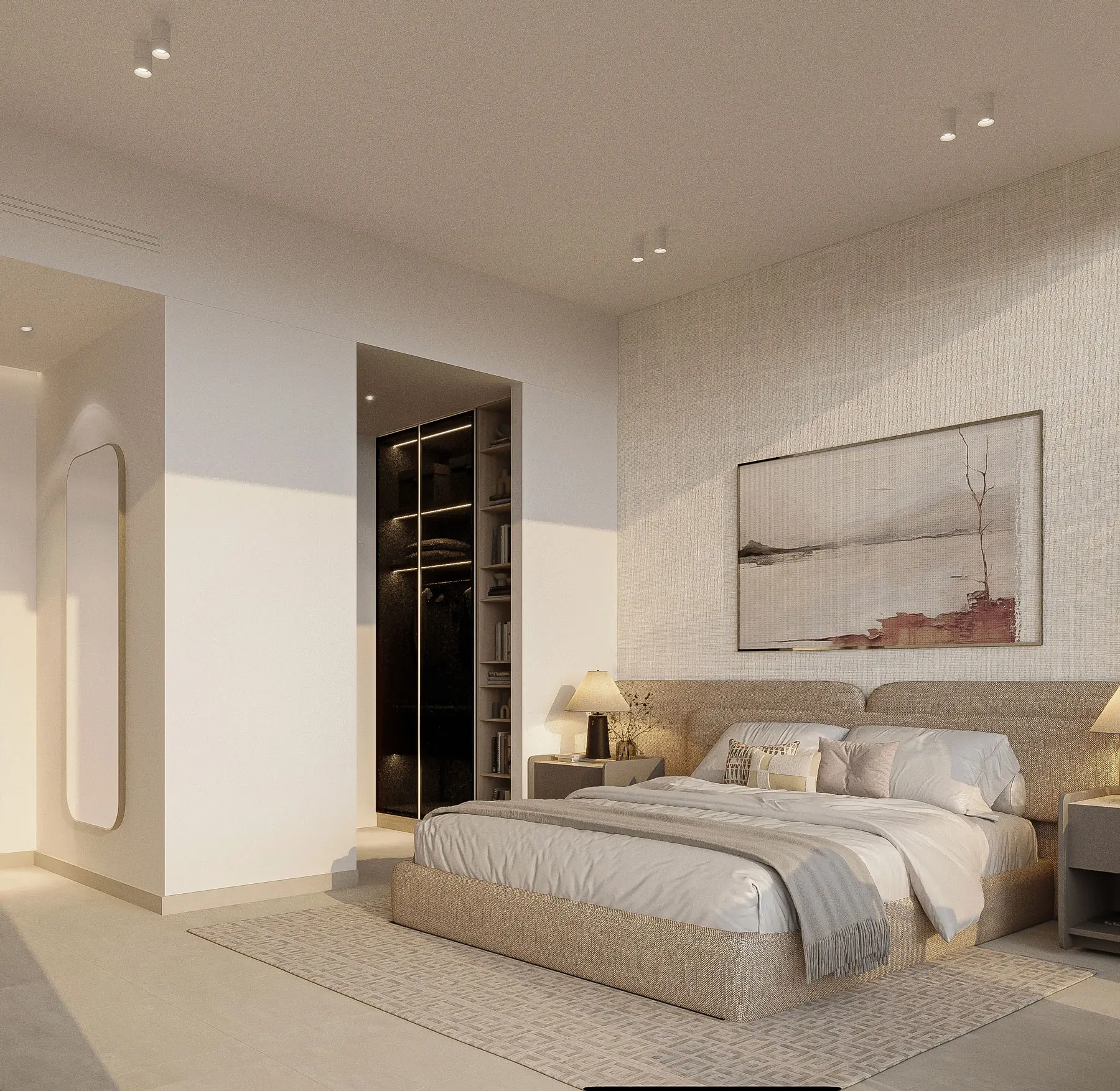 Master bedroom with a walk-in wardrobe recess and warm oak joinery