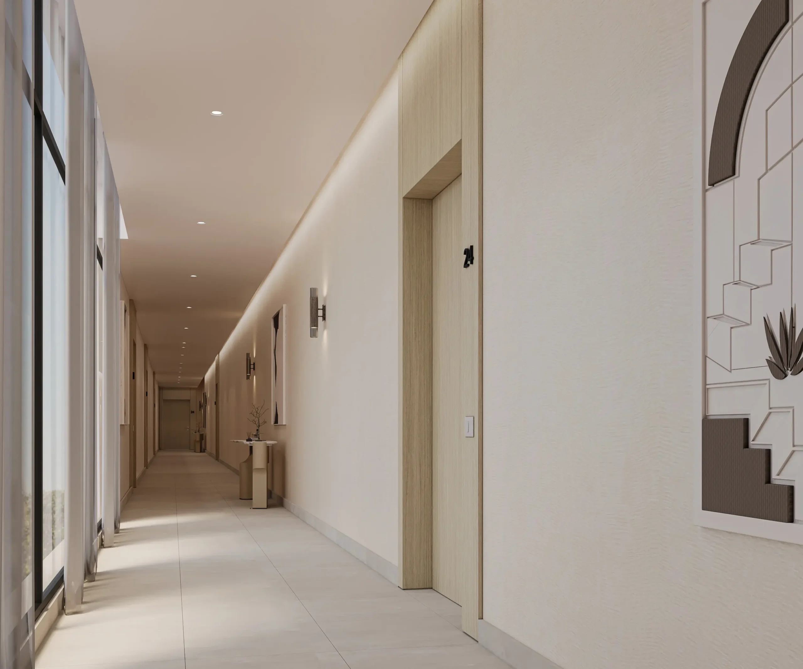 Residential corridor with recessed lighting, pale stone flooring and a stair beyond